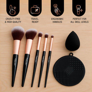 8-Piece Pro Makeup Application Set – 7 Brushes + Blending Sponge - Skincare Lab