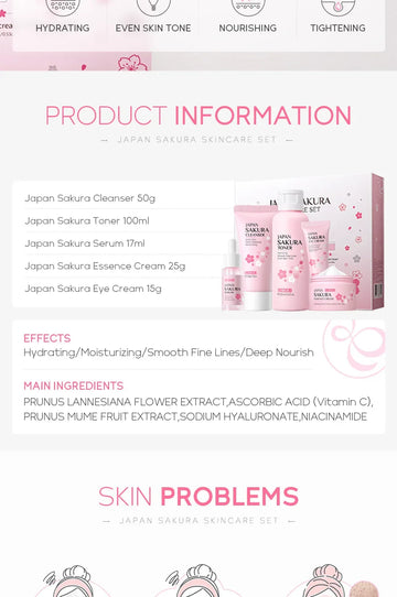 Sakura Kit Skin Care Sets Moisturizing and Reducing Fine Lines Cleansing Pore Product 5-Piece Korean Christmas Gift Set