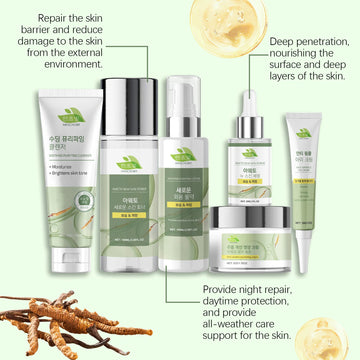 Cordyceps Skincare Set Facial Cleanser Face Moisturizing Serum Toner Firming Eye Cream Face Brighten Skincare Product Gift Box