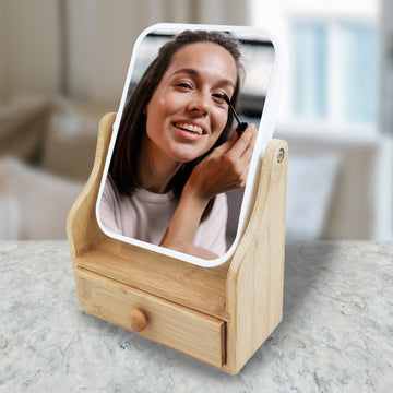 Dual-Sided Vanity Mirror with Bamboo Drawer Base - Skincare Lab